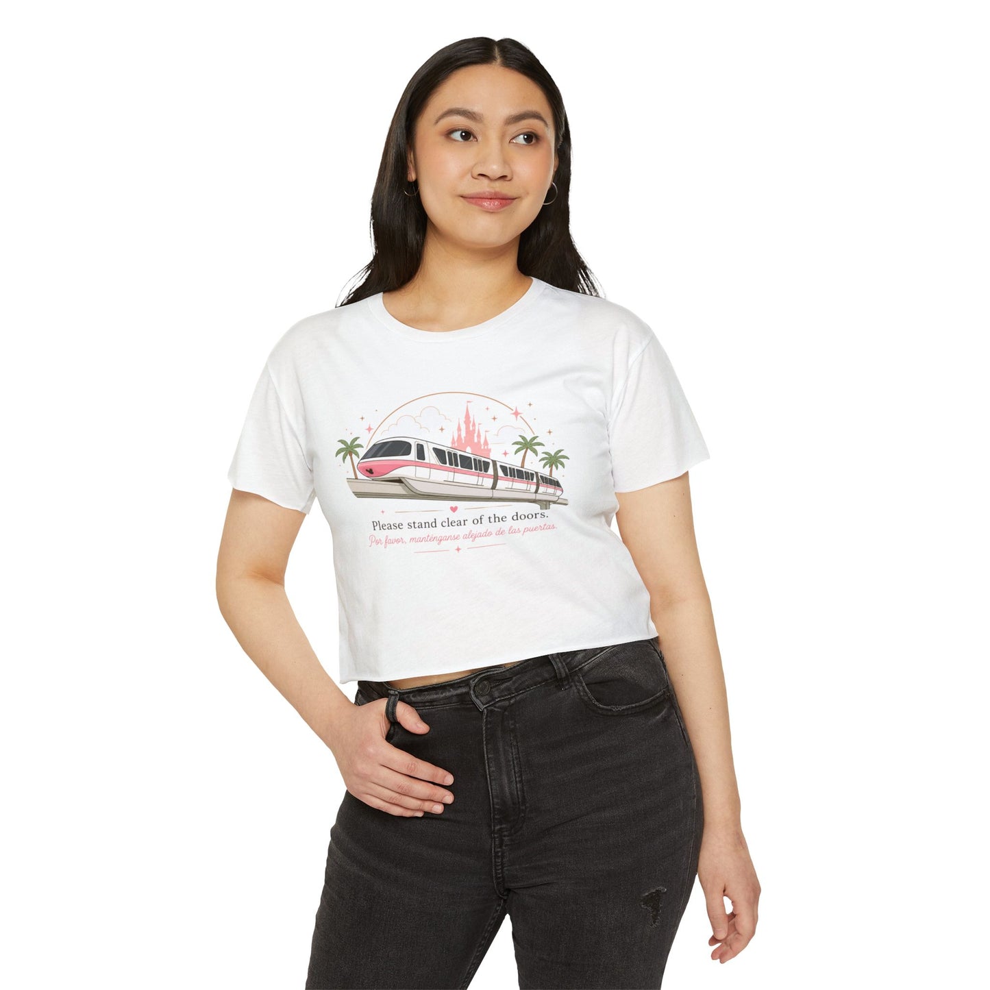 Disney Monorail to the Castle Crop Tee — "Please stand clear of the doors" Women's Retro Theme Park Shirt